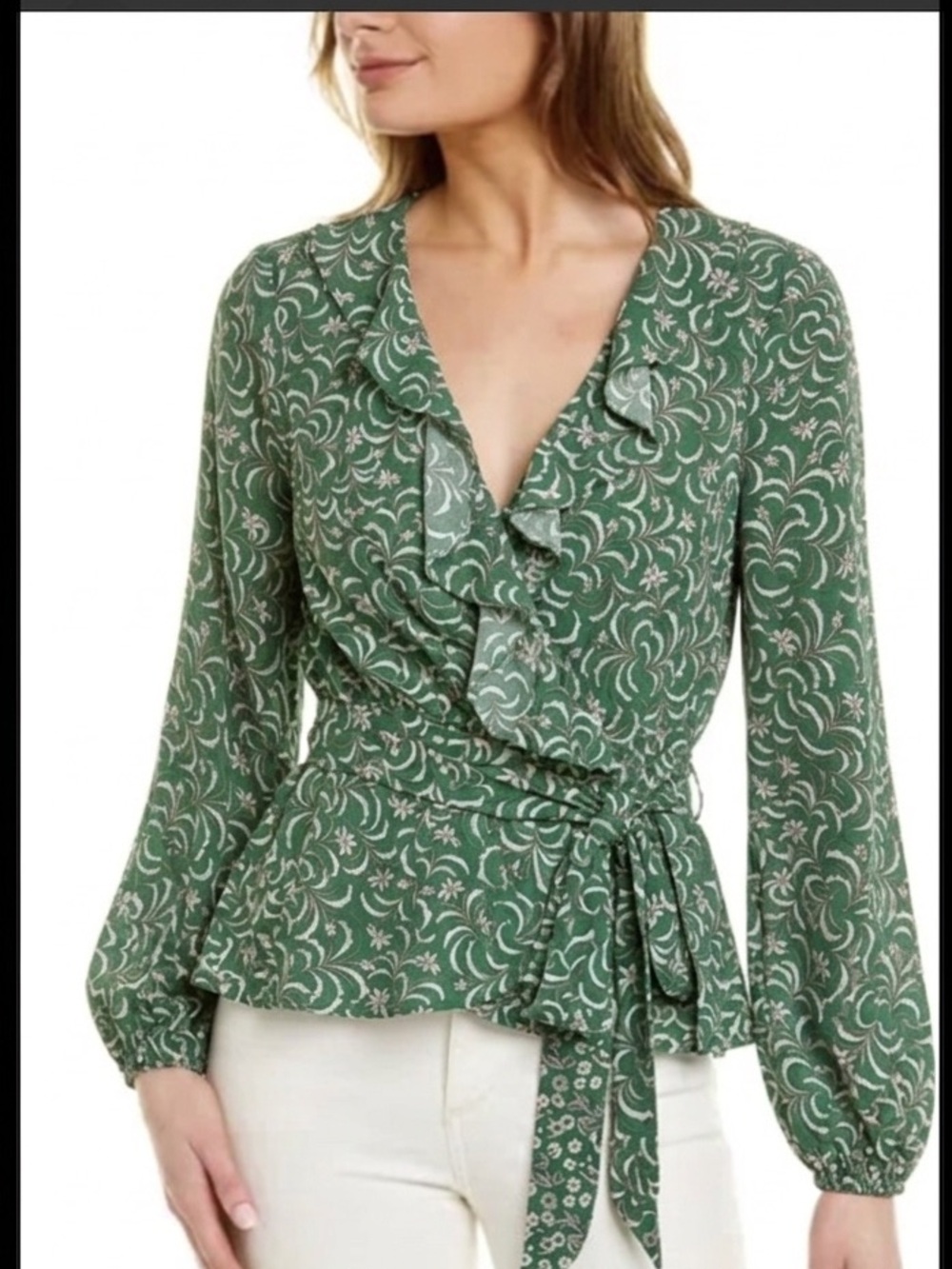 Max Studio XL Green Floral satin Wrap Blouse with Ruffle Neck